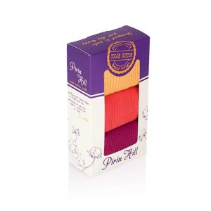 3 zeķu pāru kaste bez gumijas - dzeltens, koraļļu un fuksijas