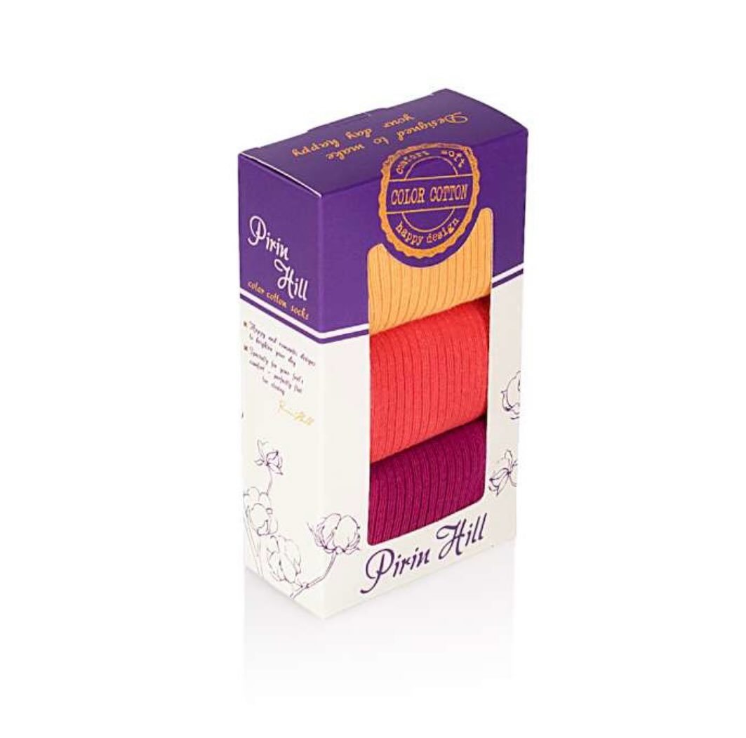 3 zeķu pāru kaste bez gumijas - dzeltens, koraļļu un fuksijas